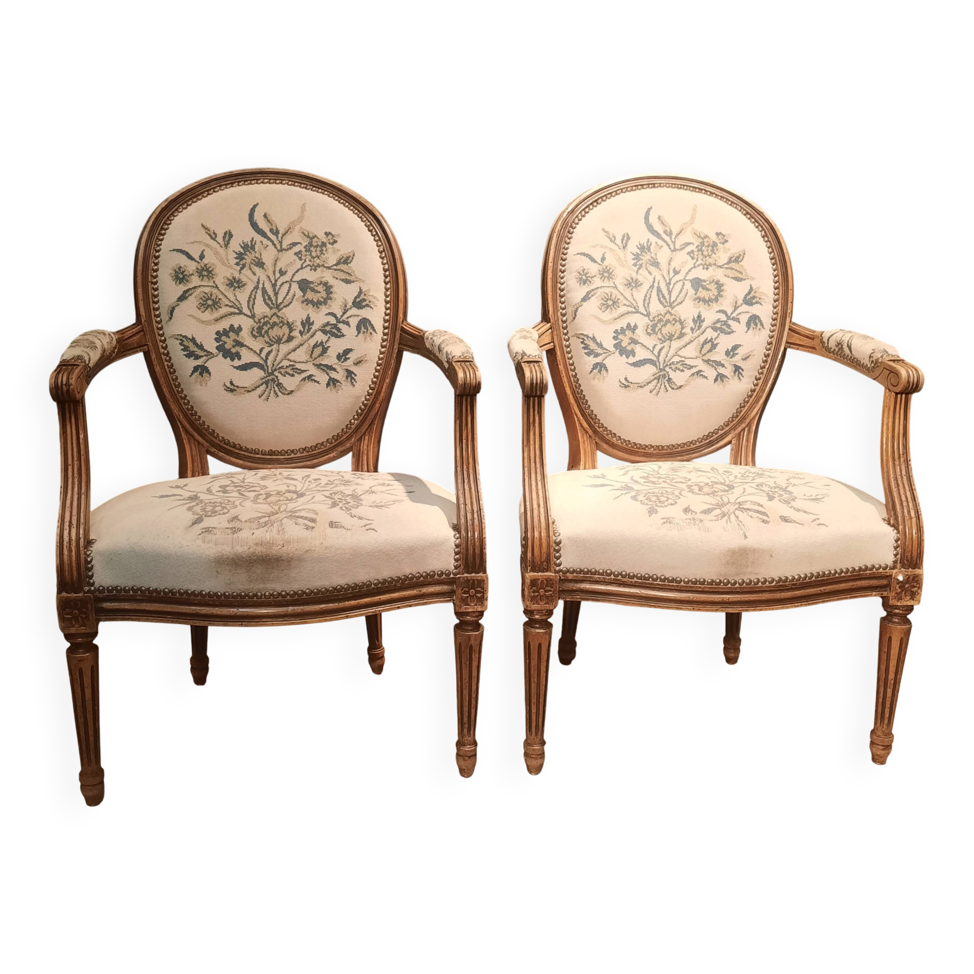 Pair of Louis XV style medallion armchairs.