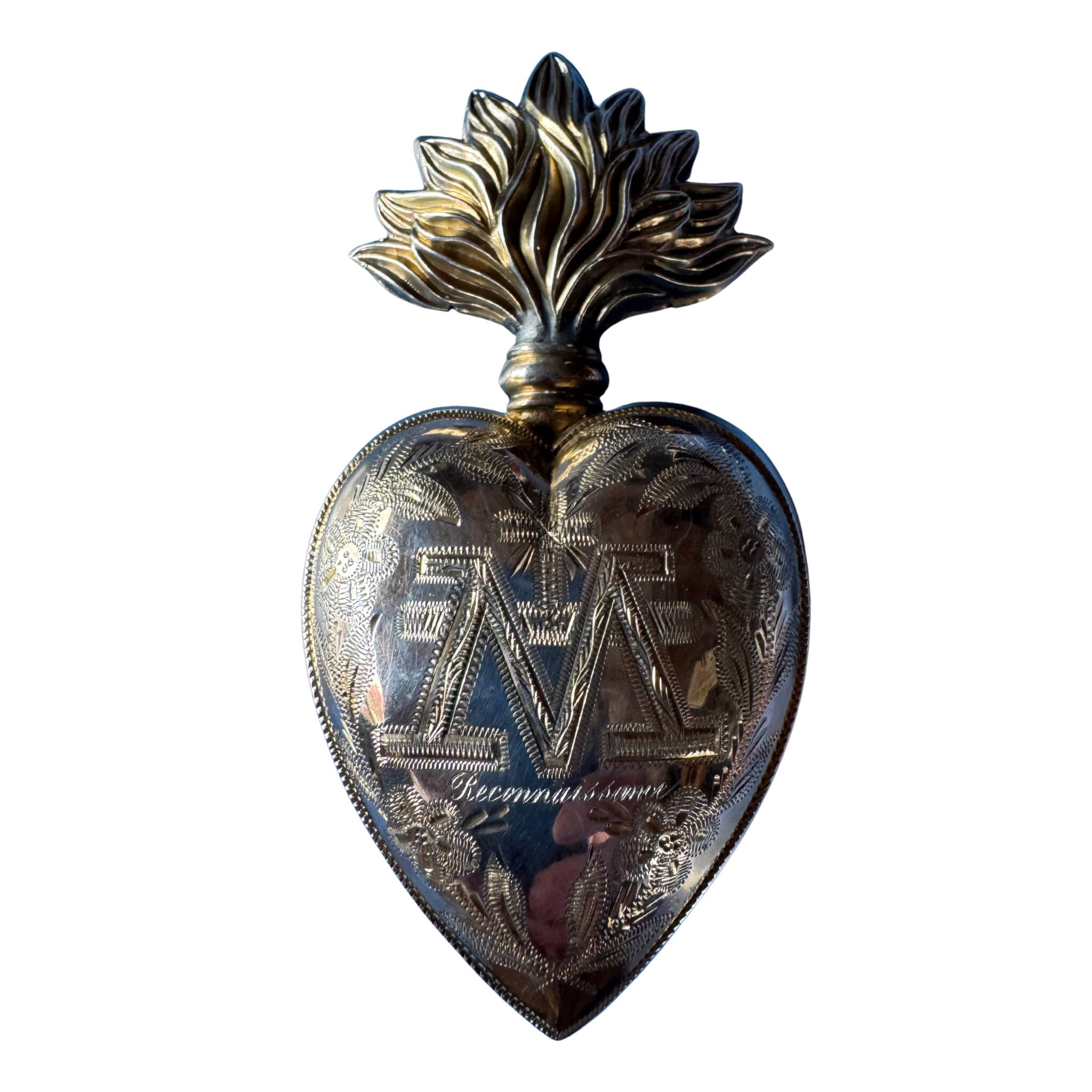 Sacred ex-voto in solid silver – heart engraved “Reconnaissance” – interior do