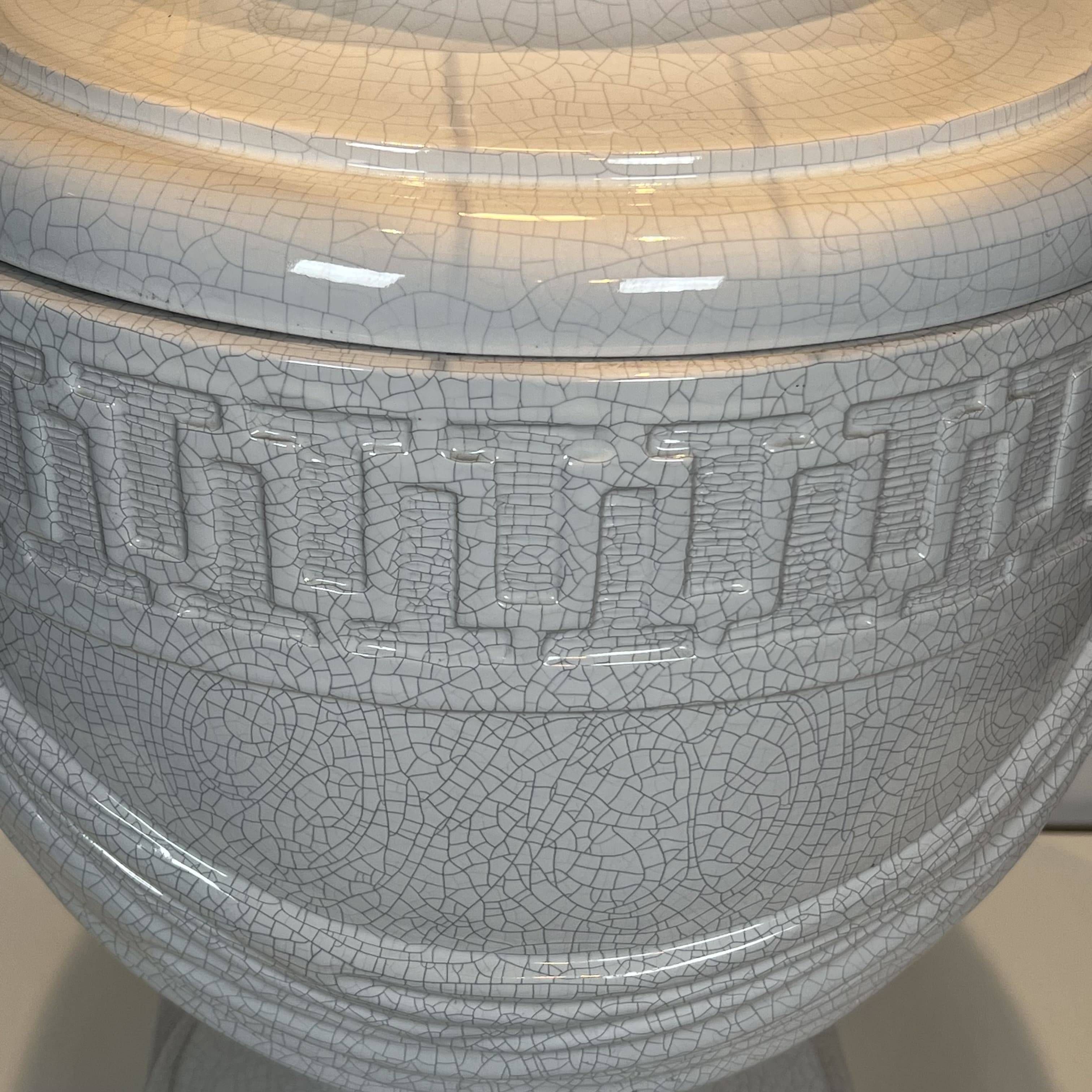 Large White Crackled Ceramic Urn Lamp with Drapery and Greek Frieze.