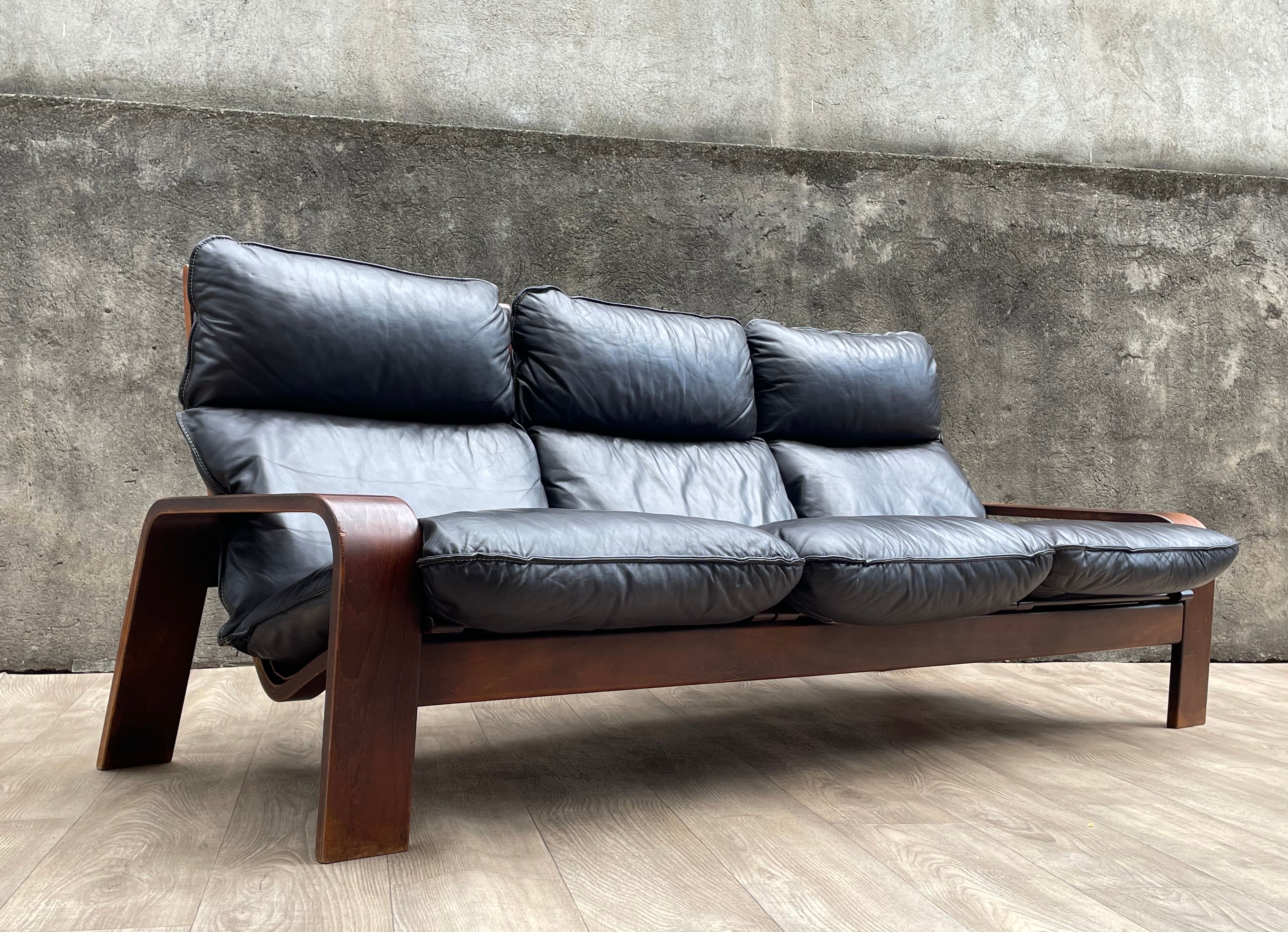 Scandinavian wooden and leather sofa, 1970s