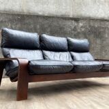 Scandinavian wooden and leather sofa, 1970s