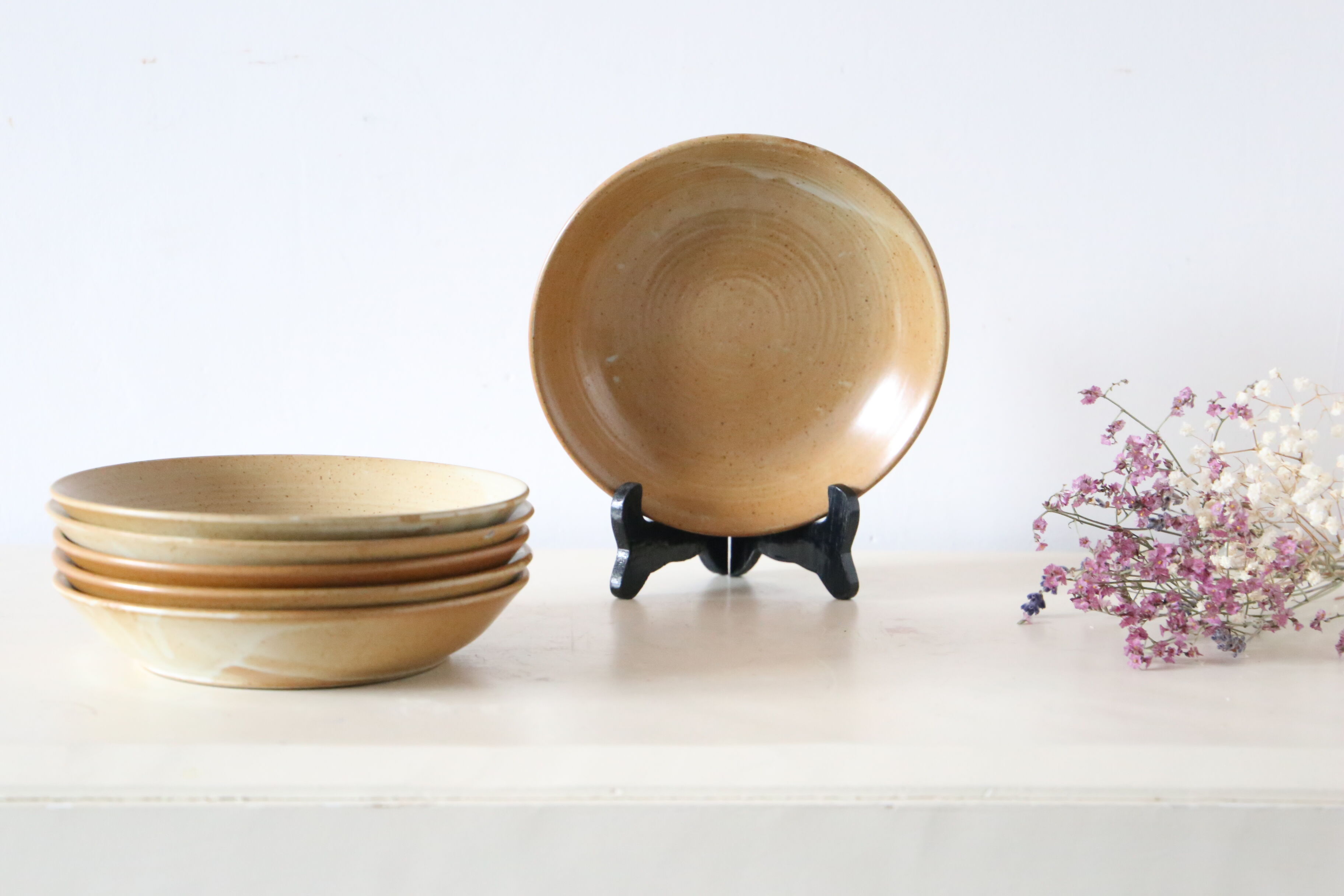 Set of 6 hollow sandstone plates, sandstone village, vintage French