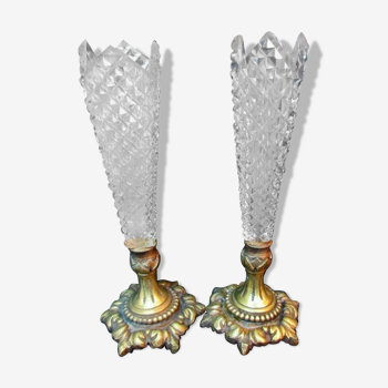 Duo de vases en cristal Baccarat Le Creusot, porte-oeillet, pied bronze