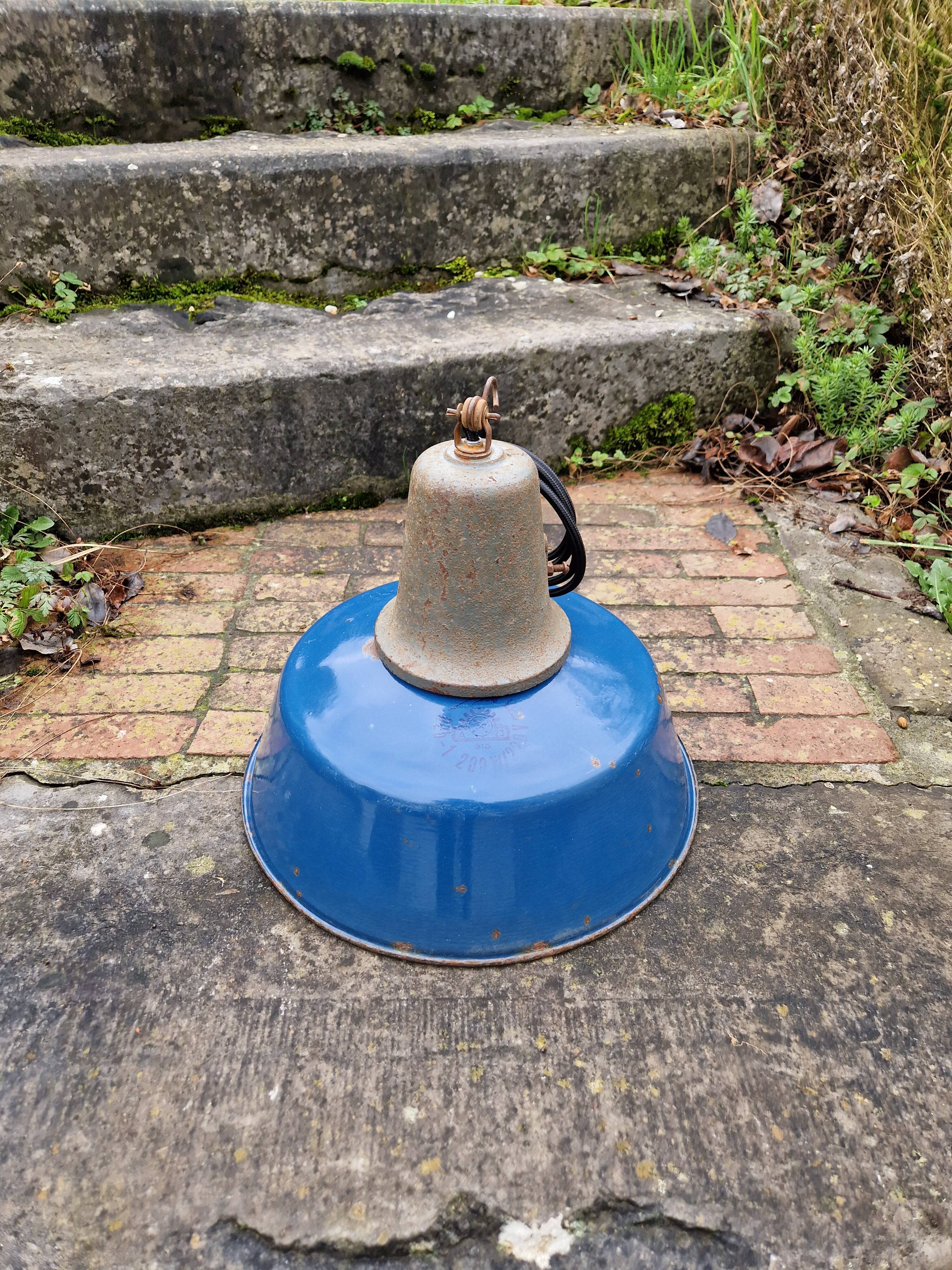 Industrial pendant light in blue enamelled sheet metal and cast iron, Poland, 1950s-60s