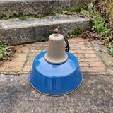 Industrial pendant light in blue enamelled sheet metal and cast iron, Poland, 1950s-60s
