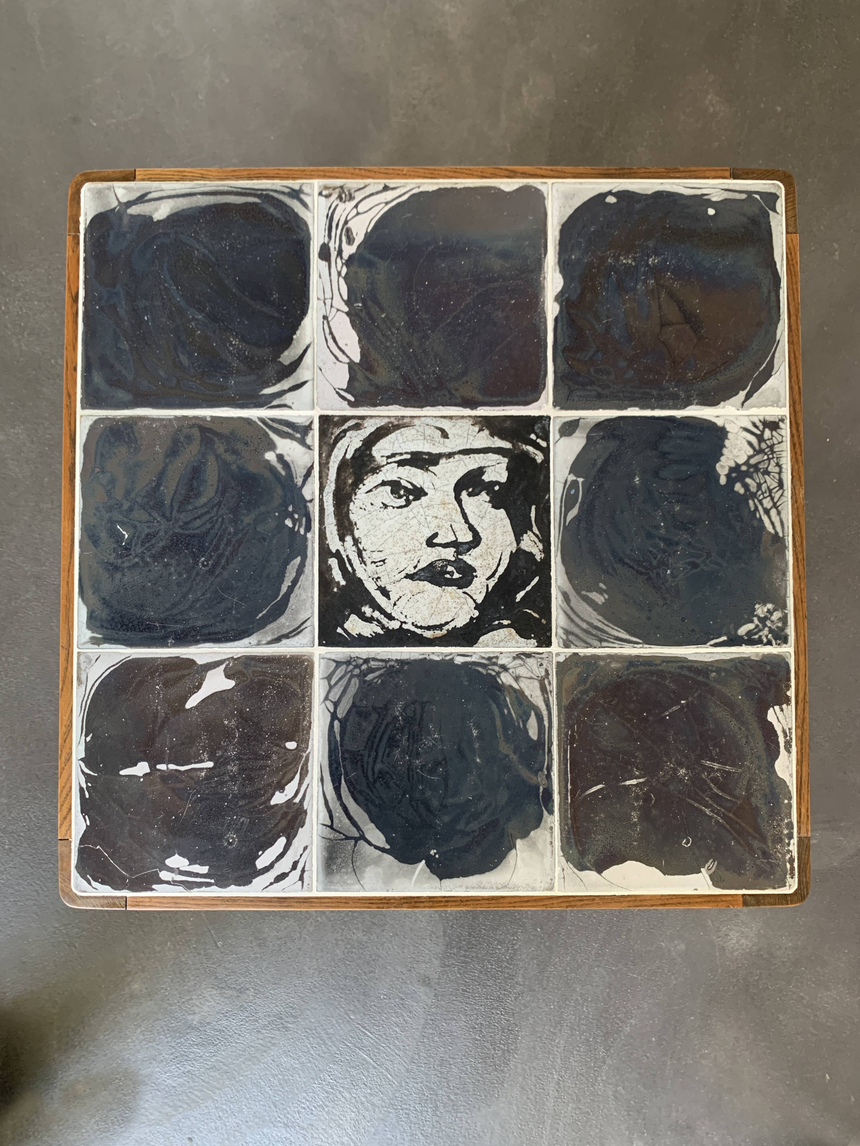 Vintage mahogany & ceramic enamel side table jens thirslund, kähler ceramic (hak), denmark