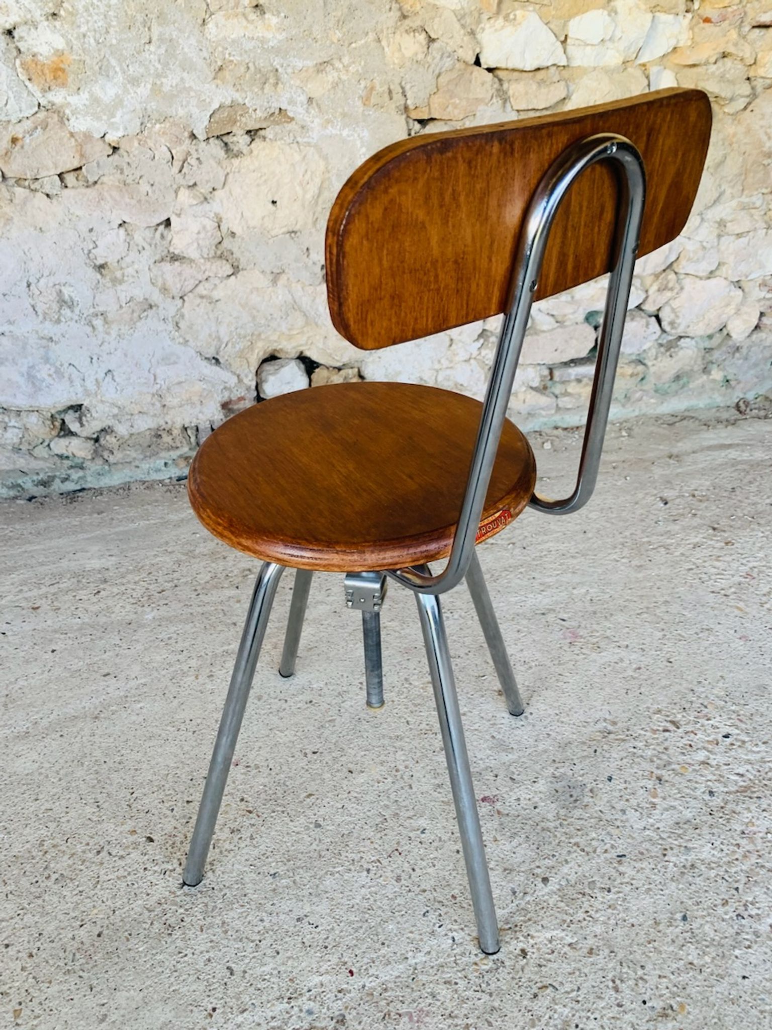 Vintage industrial metal and wood stool with adjustable swivel seat, 1960's