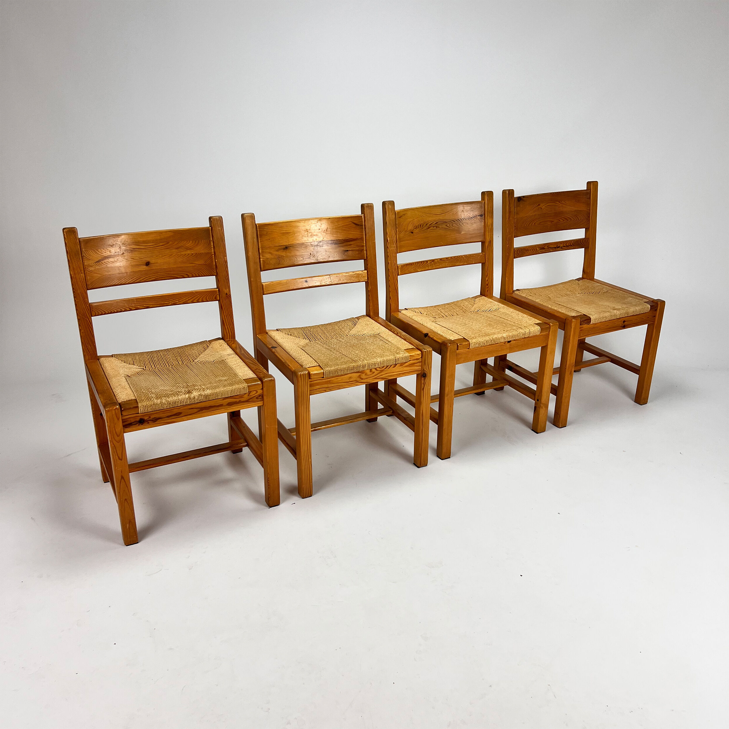 Set of 4 mid century scandinavian pine and papercord dining chairs, 1960s