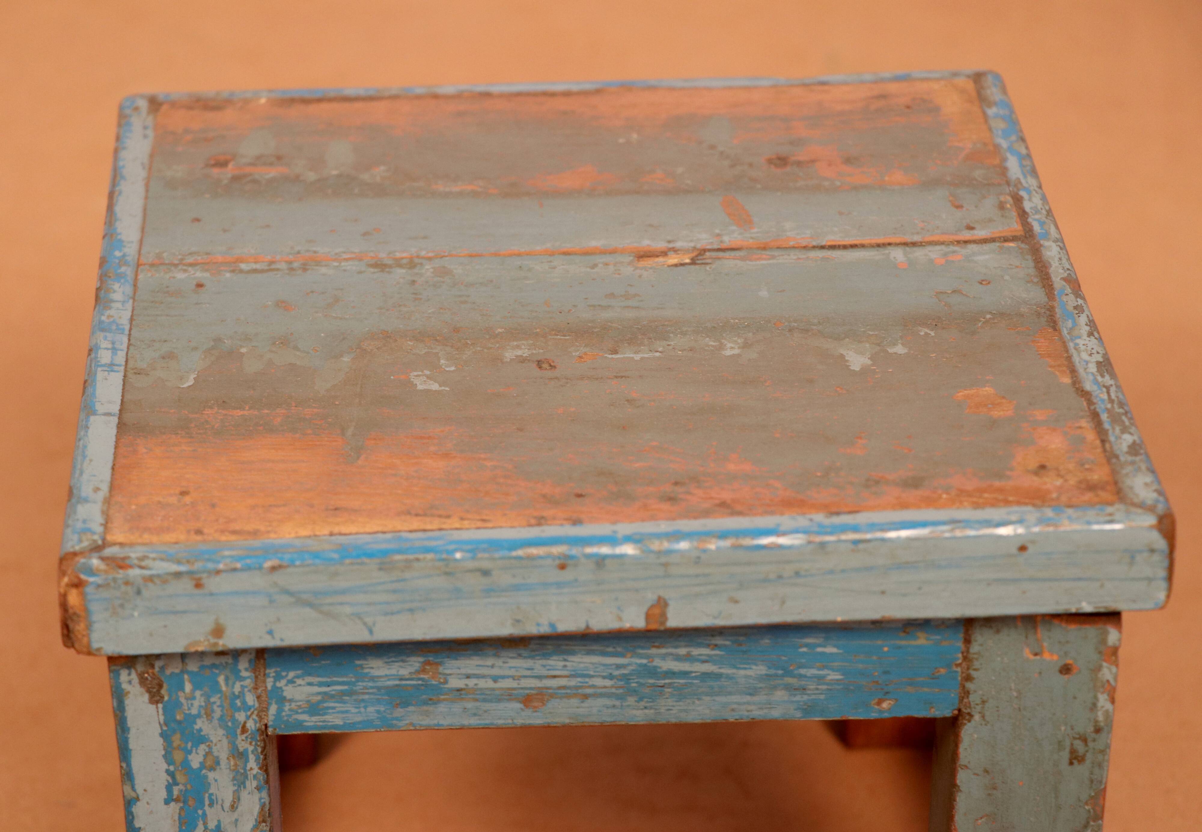 Old small workshop bedside table in Burmese teak original blue patina / ideal in fifth wheel p