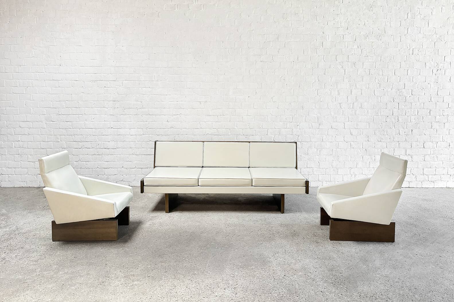 French Modernist Living Room Sofa Set In White Leather, 1950's
