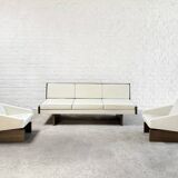 French Modernist Living Room Sofa Set In White Leather, 1950's