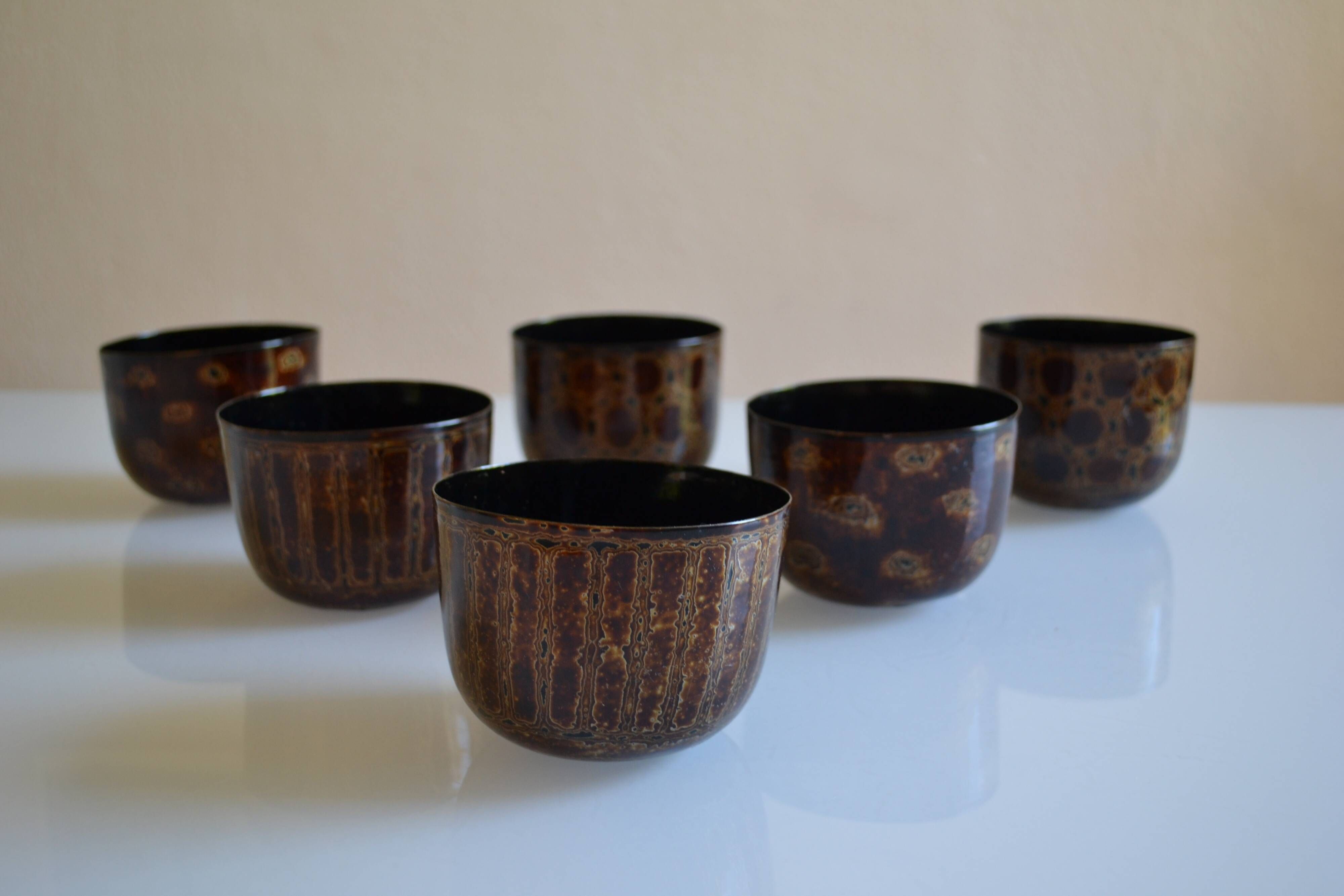 Set of 6 traditional bowls Burmese craftsmanship lacquered bamboo horsehair