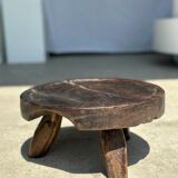 Small tripod stool low in dark brown upcycled teak