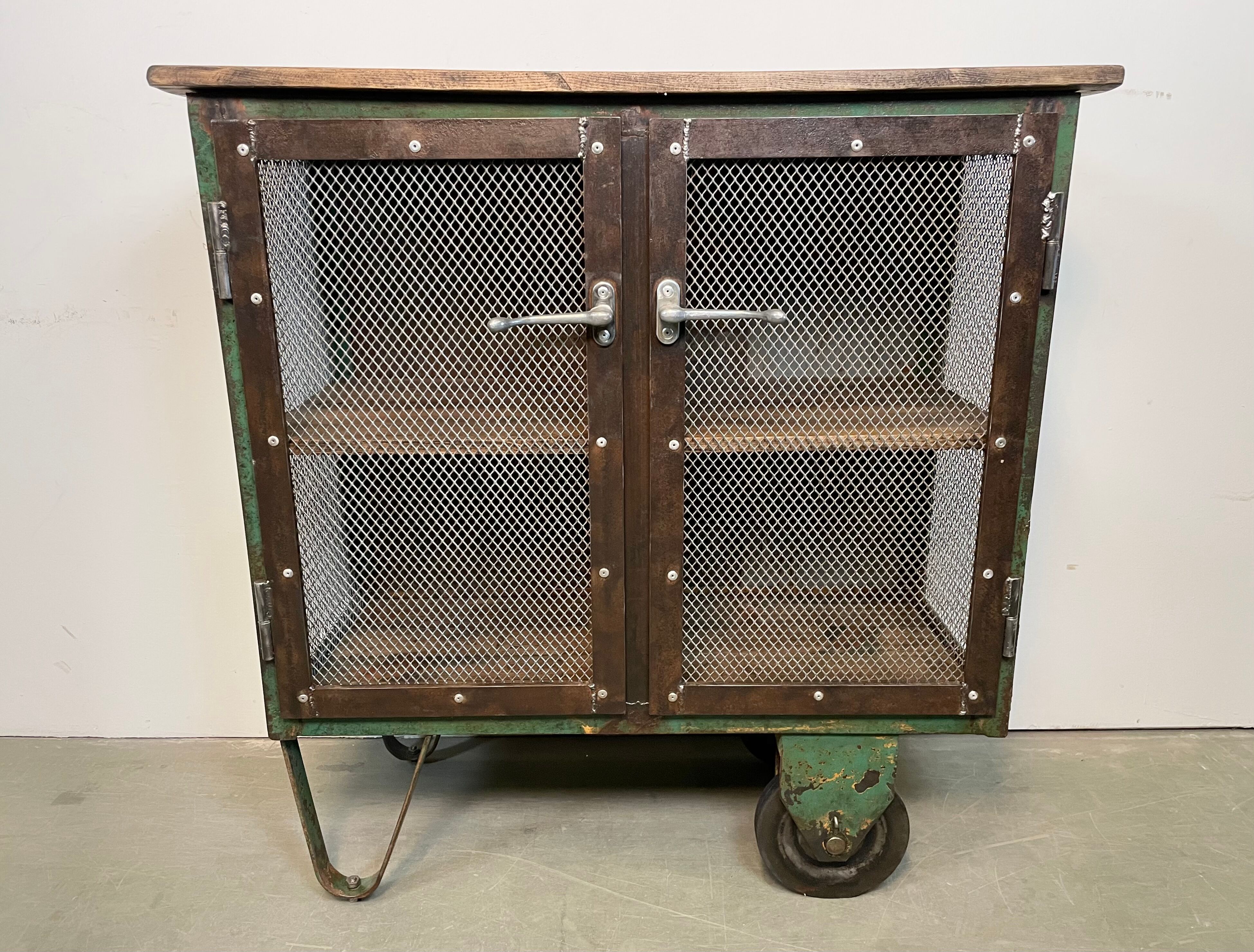 Industrial Iron Cabinet with Mesh Doors on Wheels, 1960s