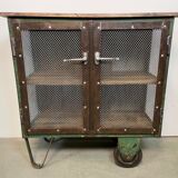 Armoire industrielle en fer avec portes en treillis sur roues, années 1960