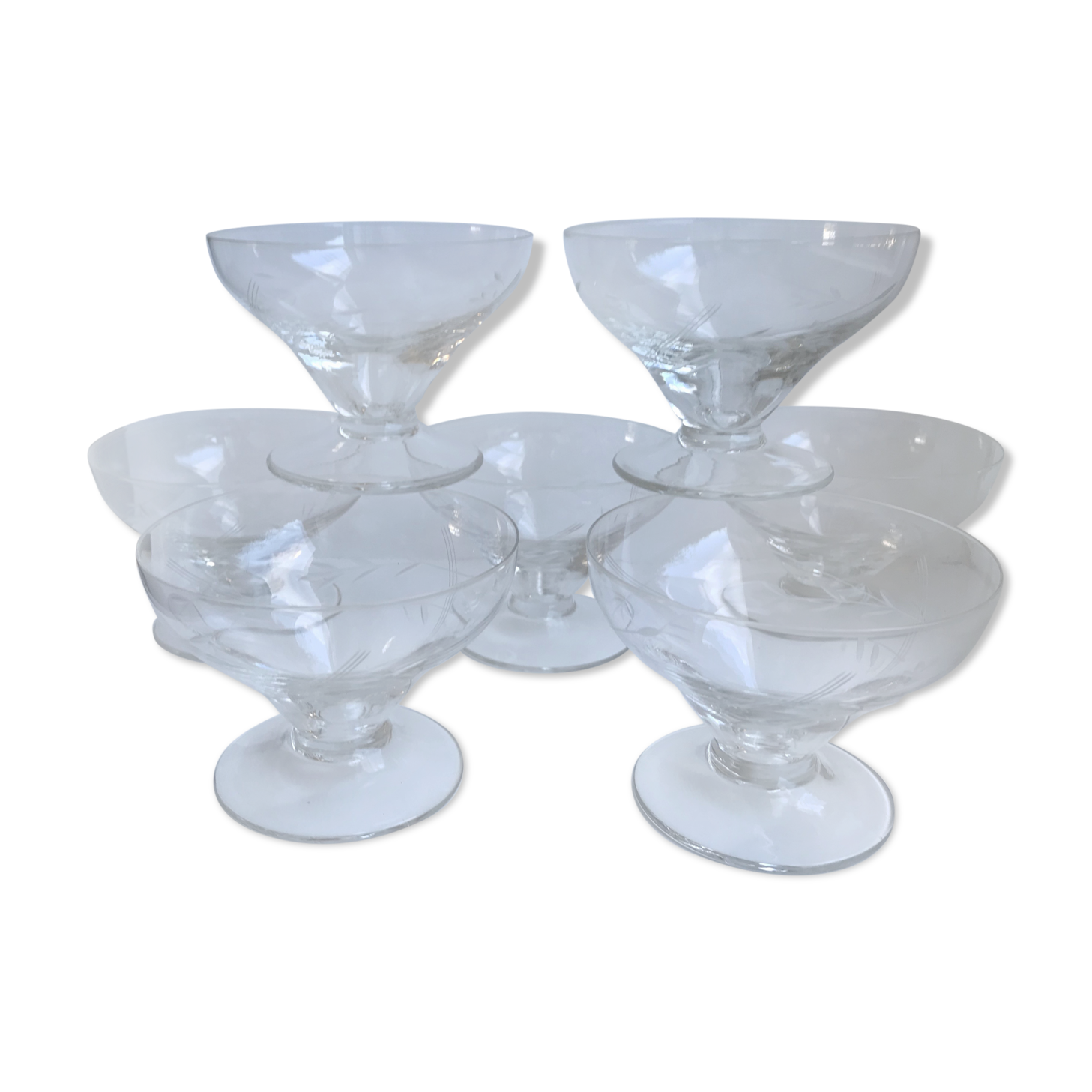 Set of 7 crystal champagne glasses engraved, 50-60s