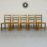 Set of 5 wooden chairs with rope seats, Scandinavian design, 1970s