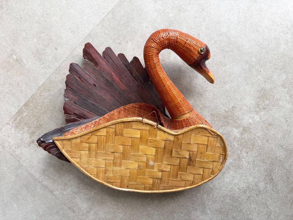 Unique large vintage wicker & rattan swan wall hanging basket