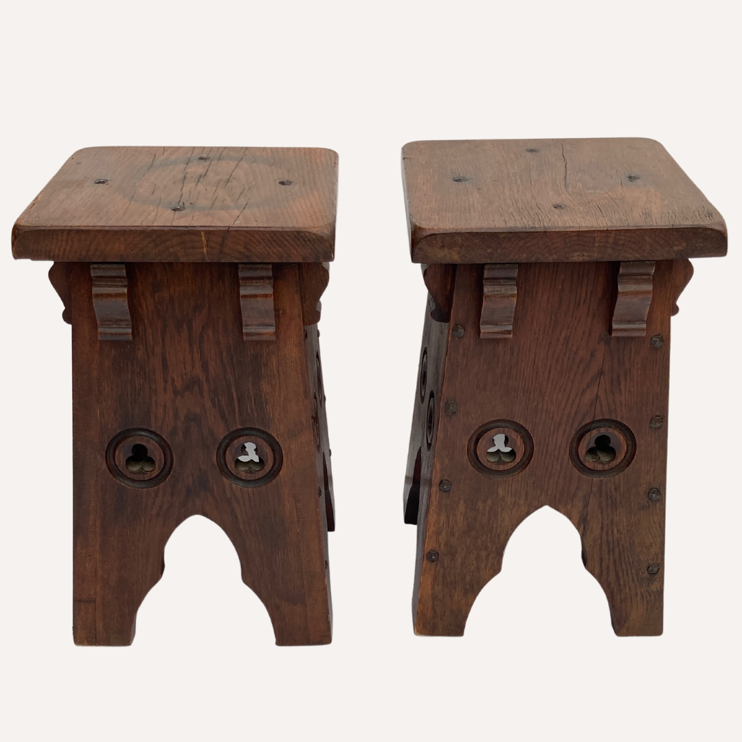 Brutalist set of 2 neo gothic oak stools ( pair ), midcentury , Spain