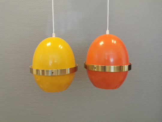 EXTREMELY rare LYFA Space Age lamps in thin lacquered metal with brass colored "ring" around.