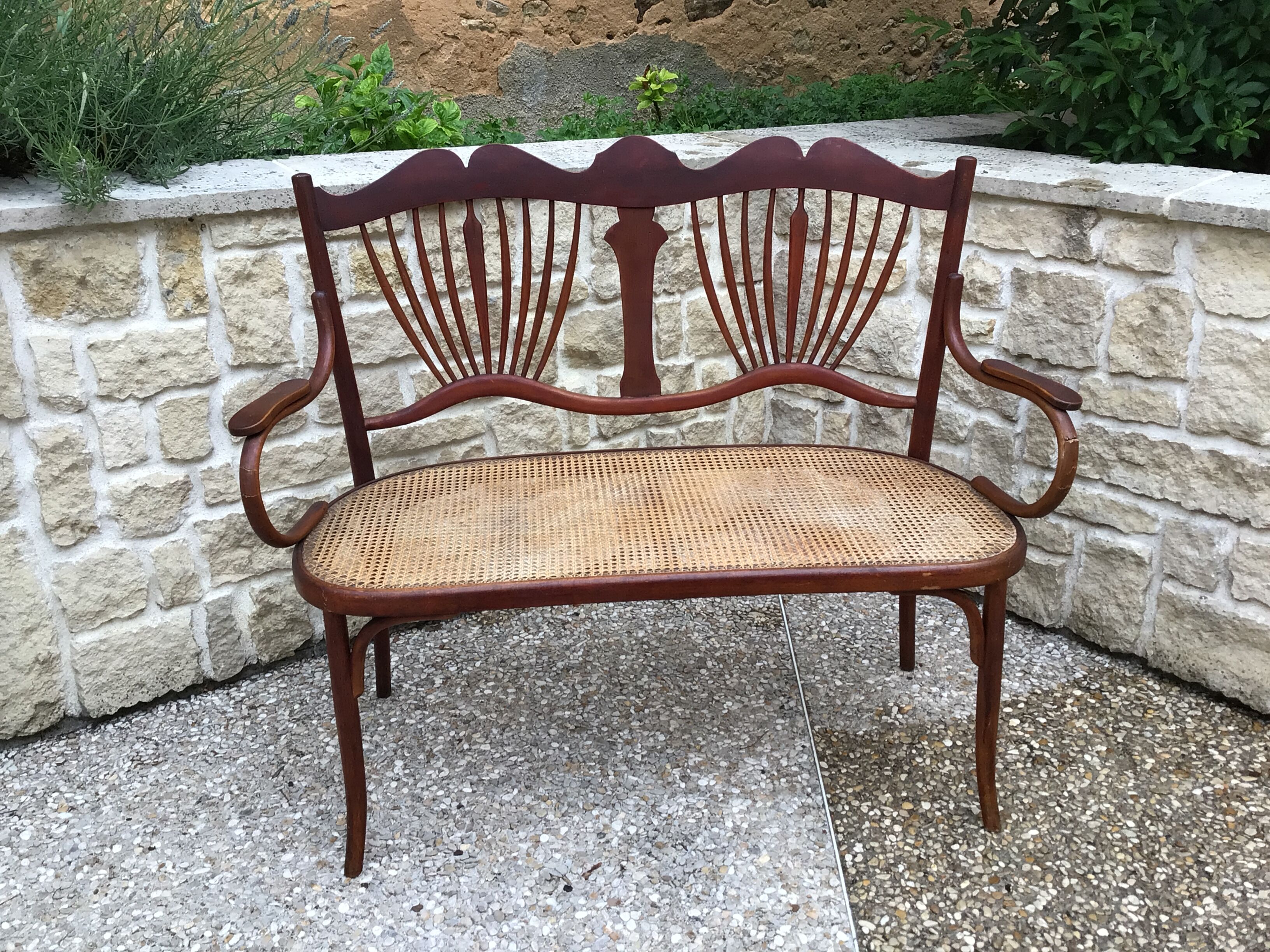 Sofa bench in curved wood and rattan fischel