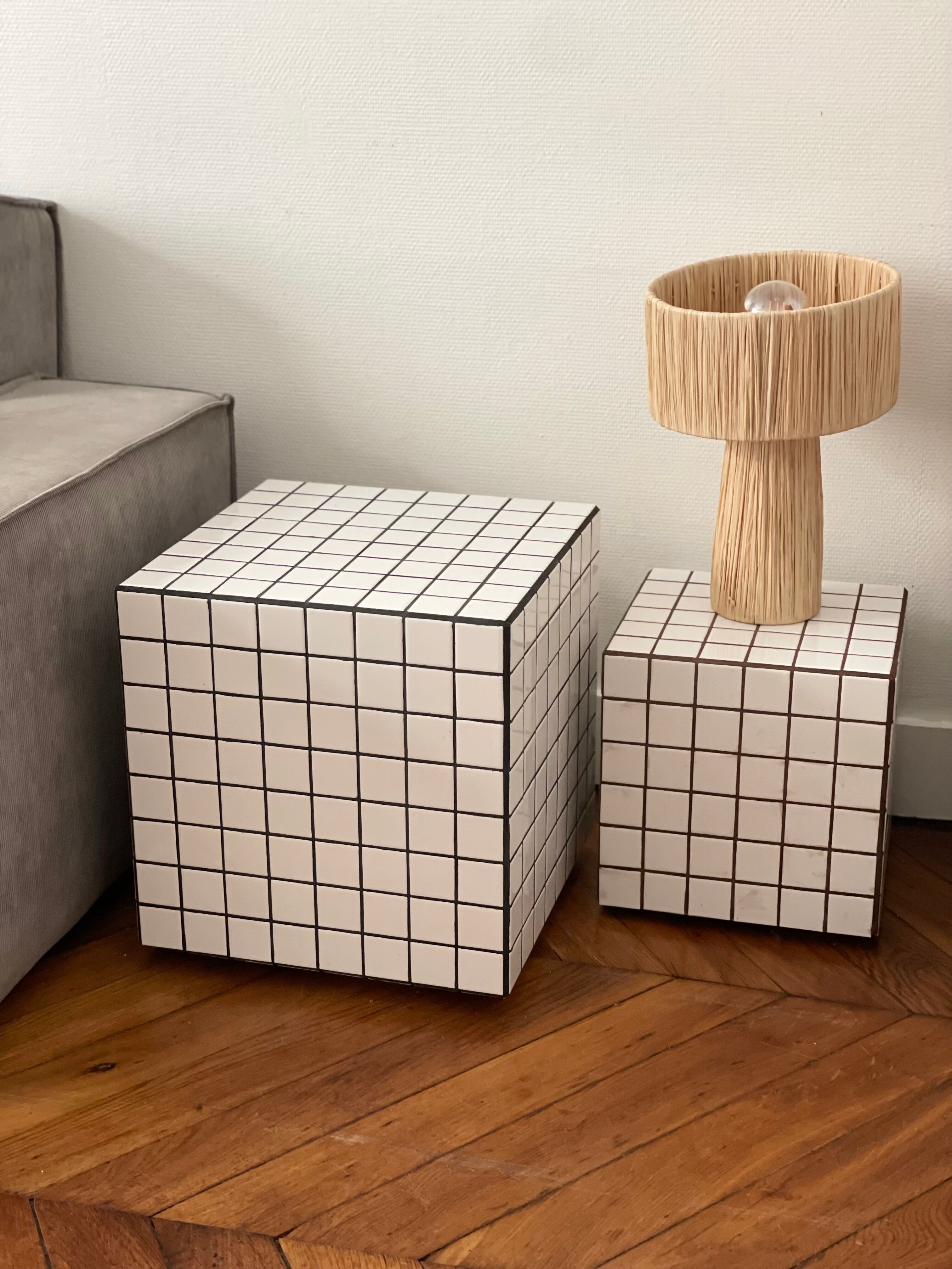 Side table cube gigi tile mosaic white joint black sofa end