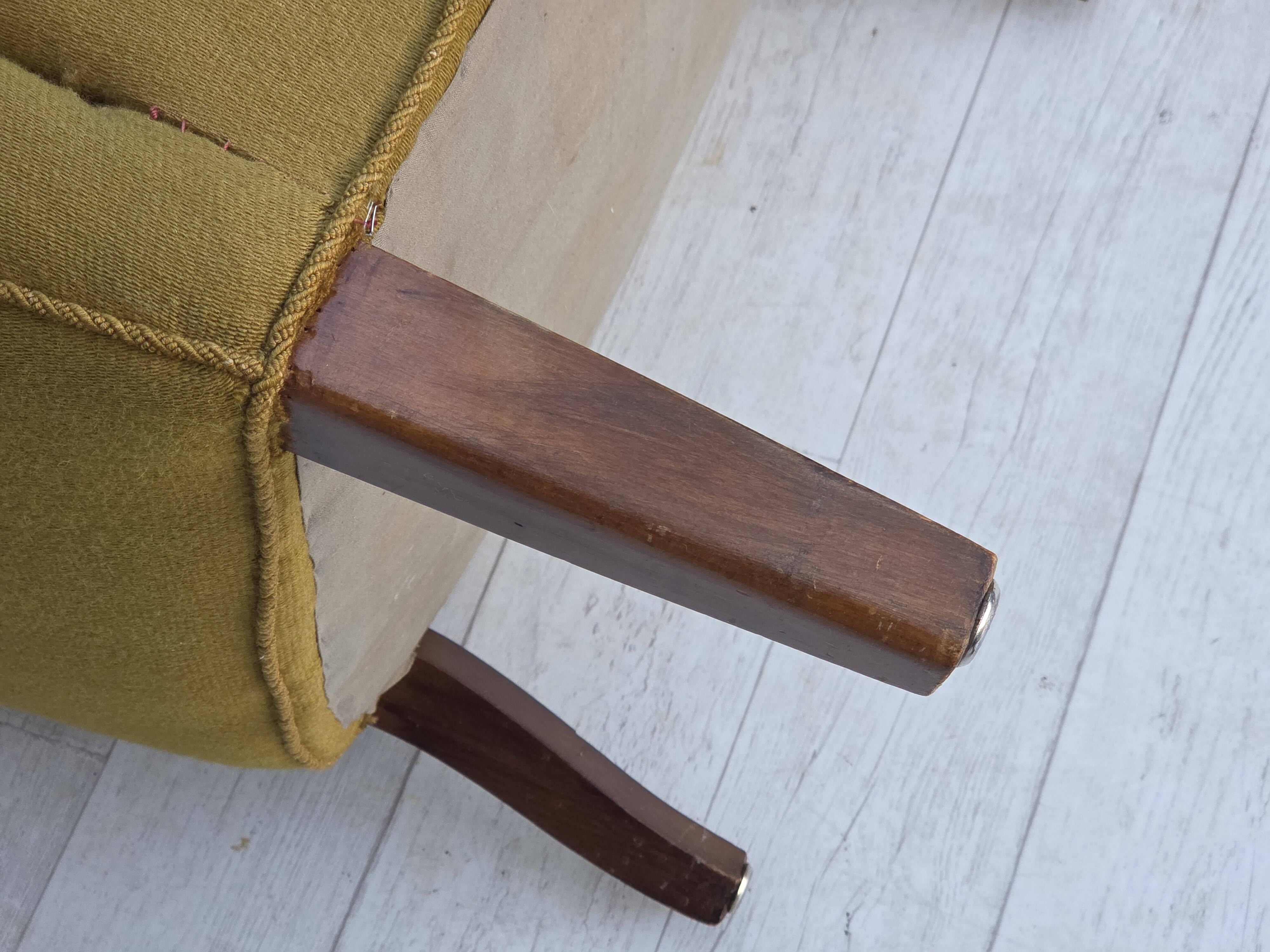 1960s, pair of Danish armchairs, green furniture wool, ash wood legs.