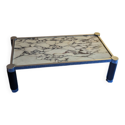 Table basse vintage en marbre de Carrare blanc veiné et métal chromé, années 70-80