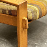 Vintage large elm wood lounge chair with original fabric, 1970s France