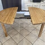 Round table 117cm extendable with a solid pine extension, vintage from the 1970s.