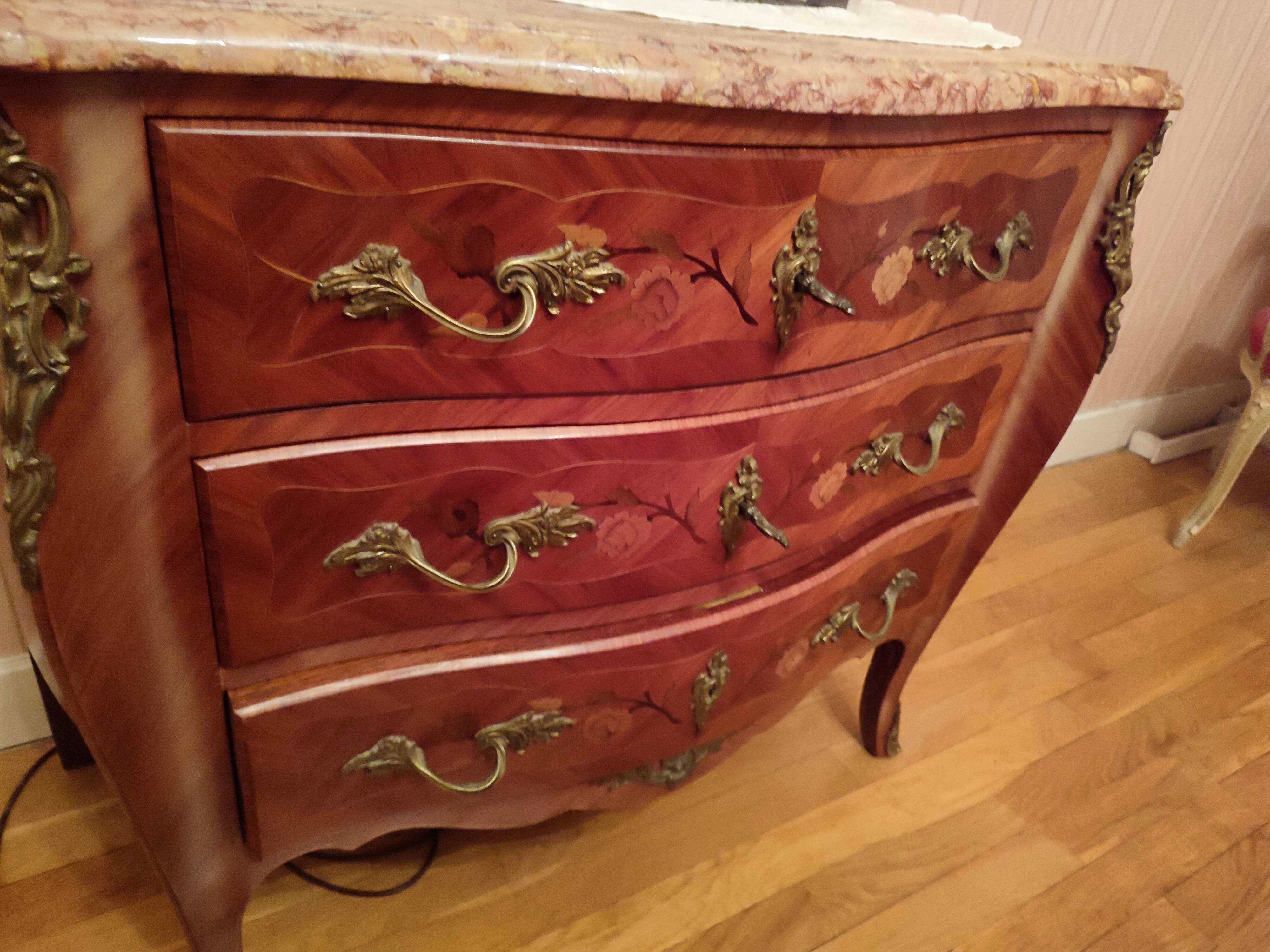 Louis XV style chest of drawers marble and rosewood