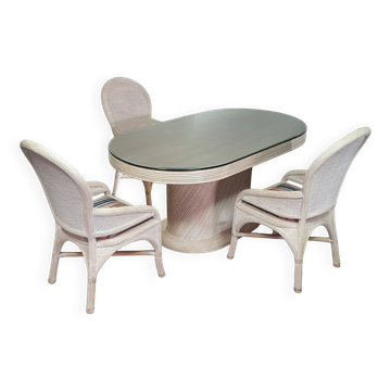 Table en roseau fendu / 3 × chaises / ensemble de salle à manger