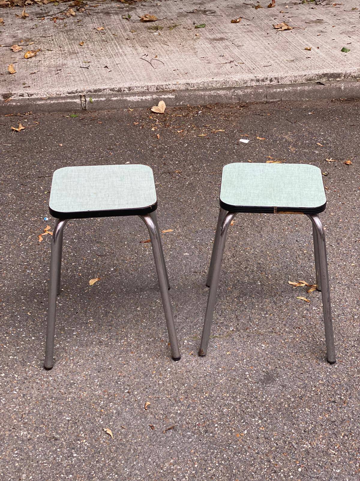 Pair of steel and formica stools, acqua green and steel
