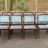 8 chaises scandinaves en teck massif et velours bleu des années 1960