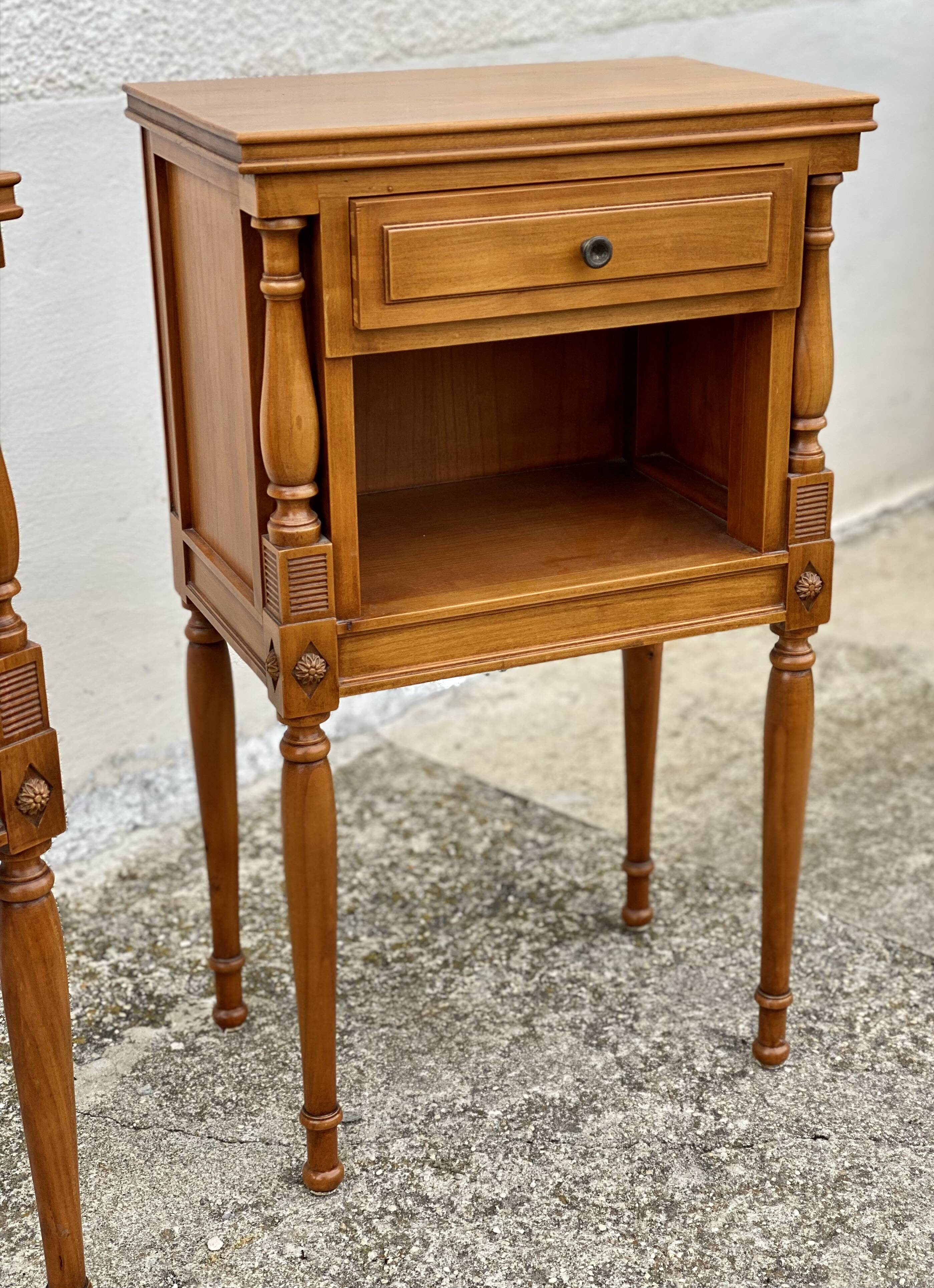 Pair of vintage fruitwood bedside tables from the 1960s.