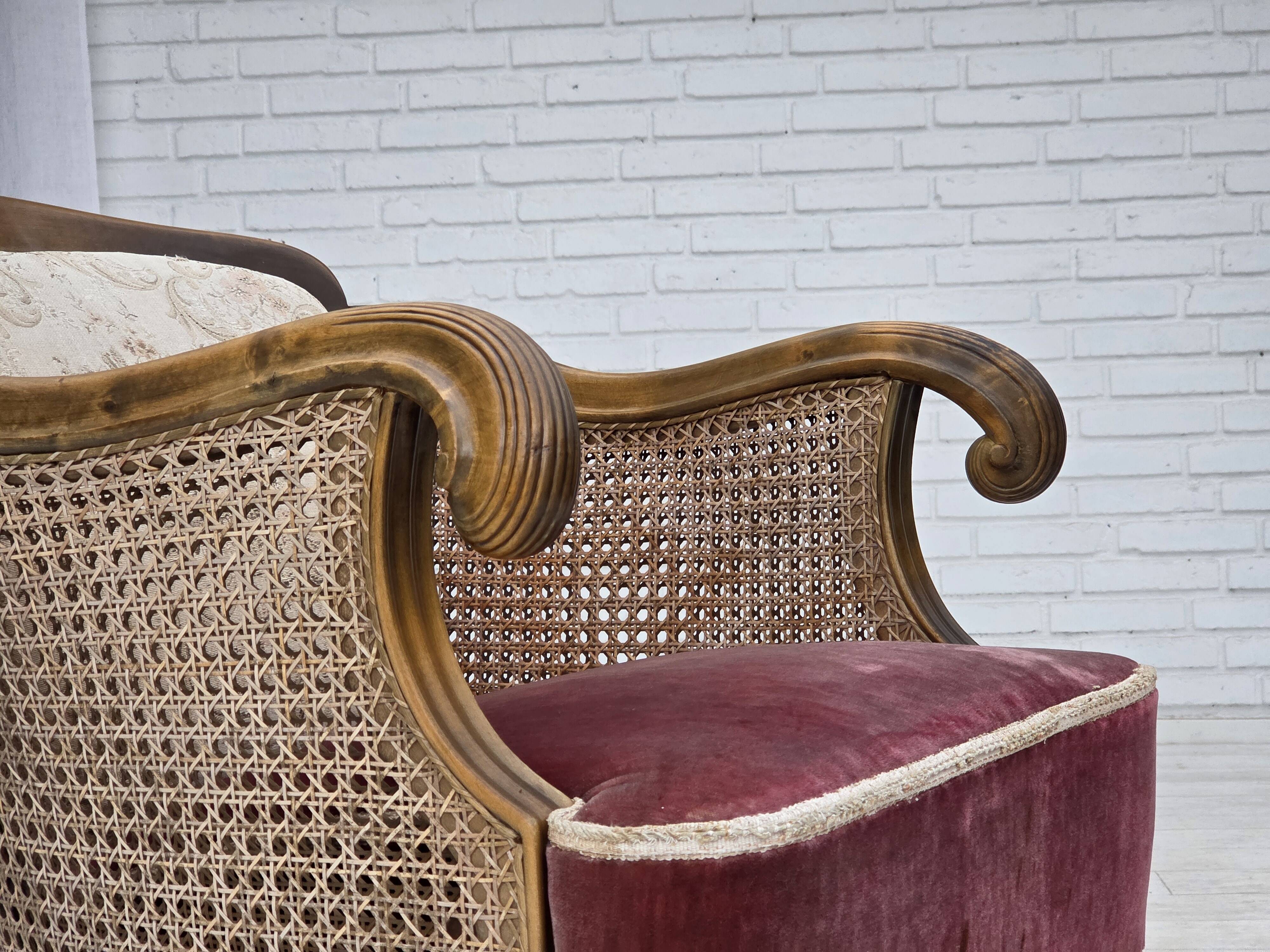 1940s, Danish armchair, woven wool, velour, mesh, carved oak wood.