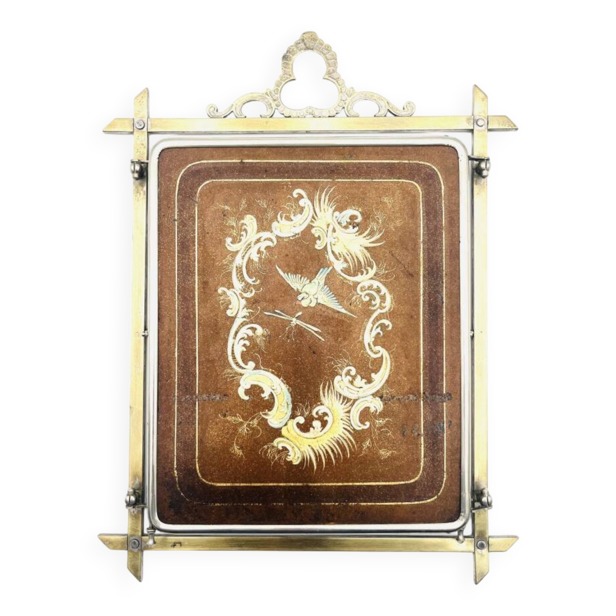 Triptych barber mirror in brass and engraved leather