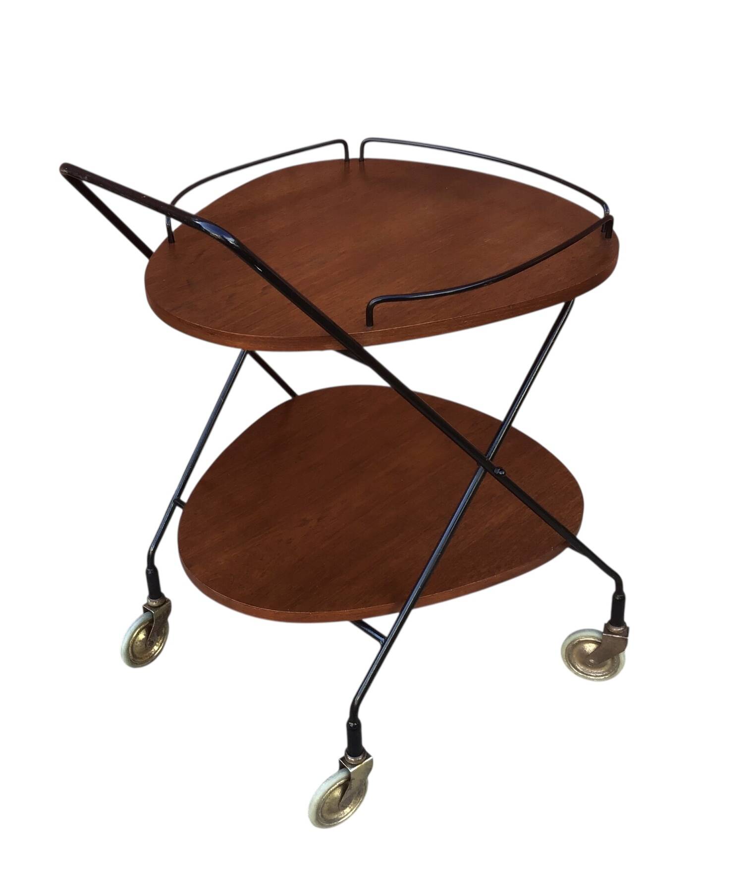 Vintage Scandinavian serving trolley in teak and metal, metal wheels, 1960s