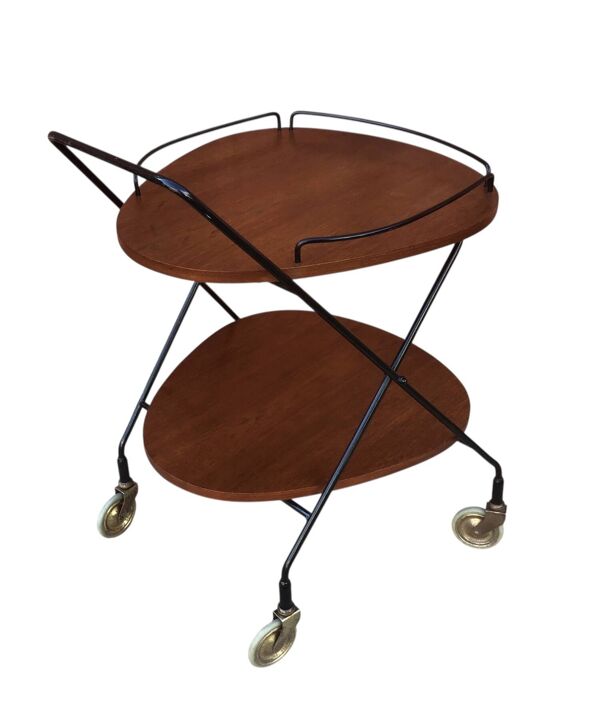 Desserte scandinave vintage en teck & métal, roulettes métal,  années 60