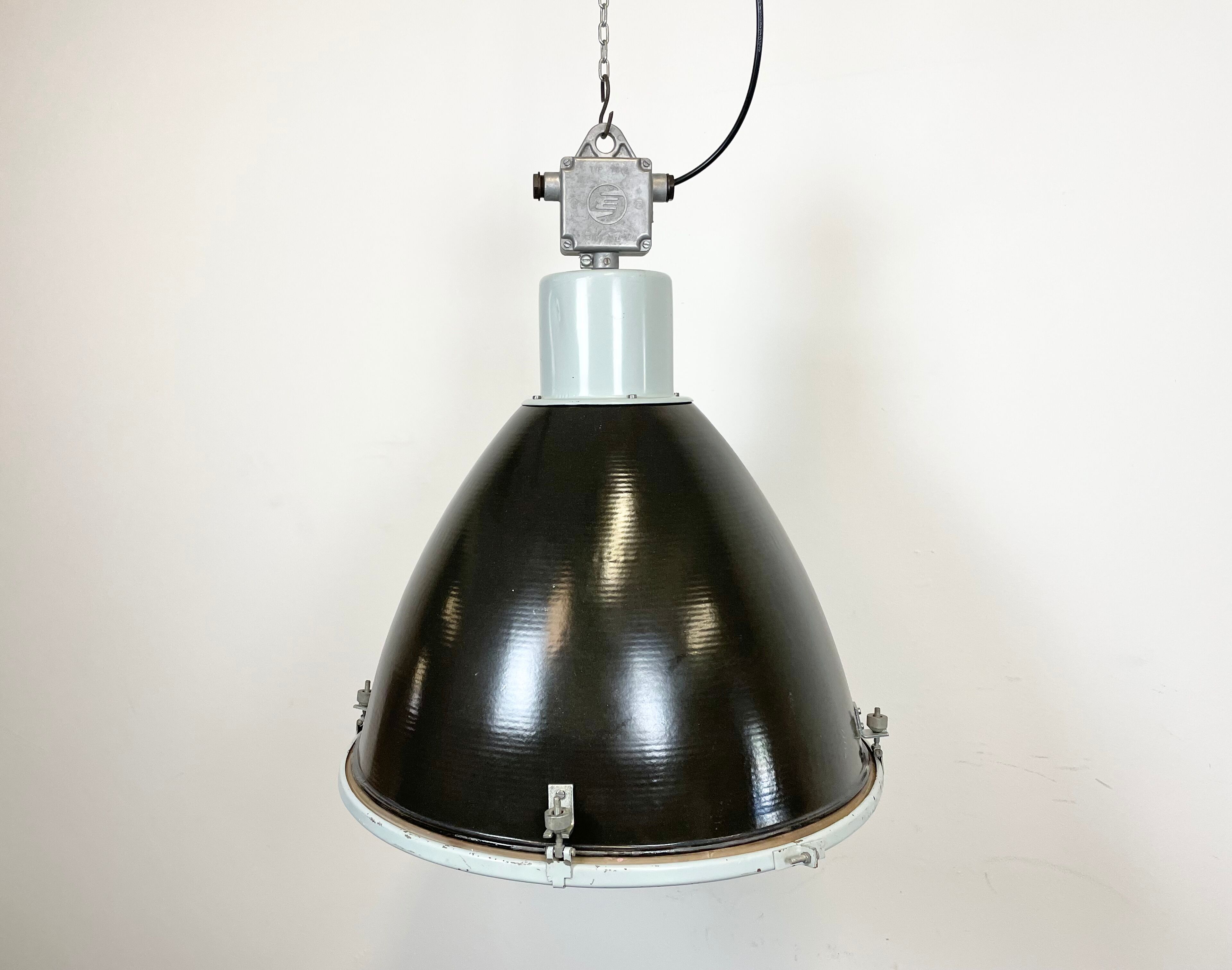 Industrial black enamel factory lamp with glass cover, 1960s