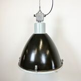 Industrial black enamel factory lamp with glass cover, 1960s