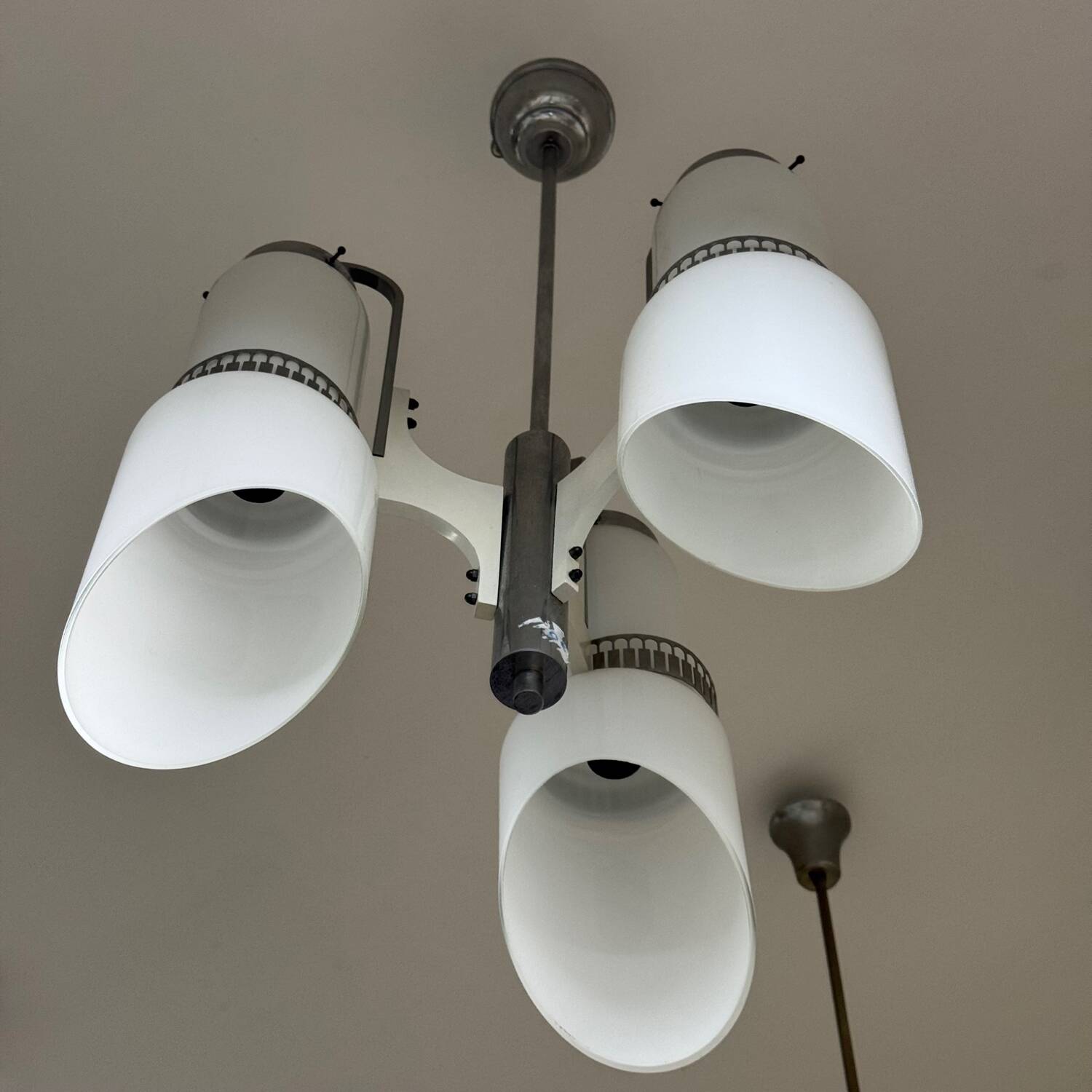 Lampadario Di Design Anni 70 3 Luci In Vetro E Acciaio Modernariato Vintage