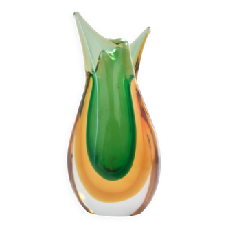 Vase Sommerso Vintage en Verre de Murano Vert et Orange par Flavio Poli, Italie