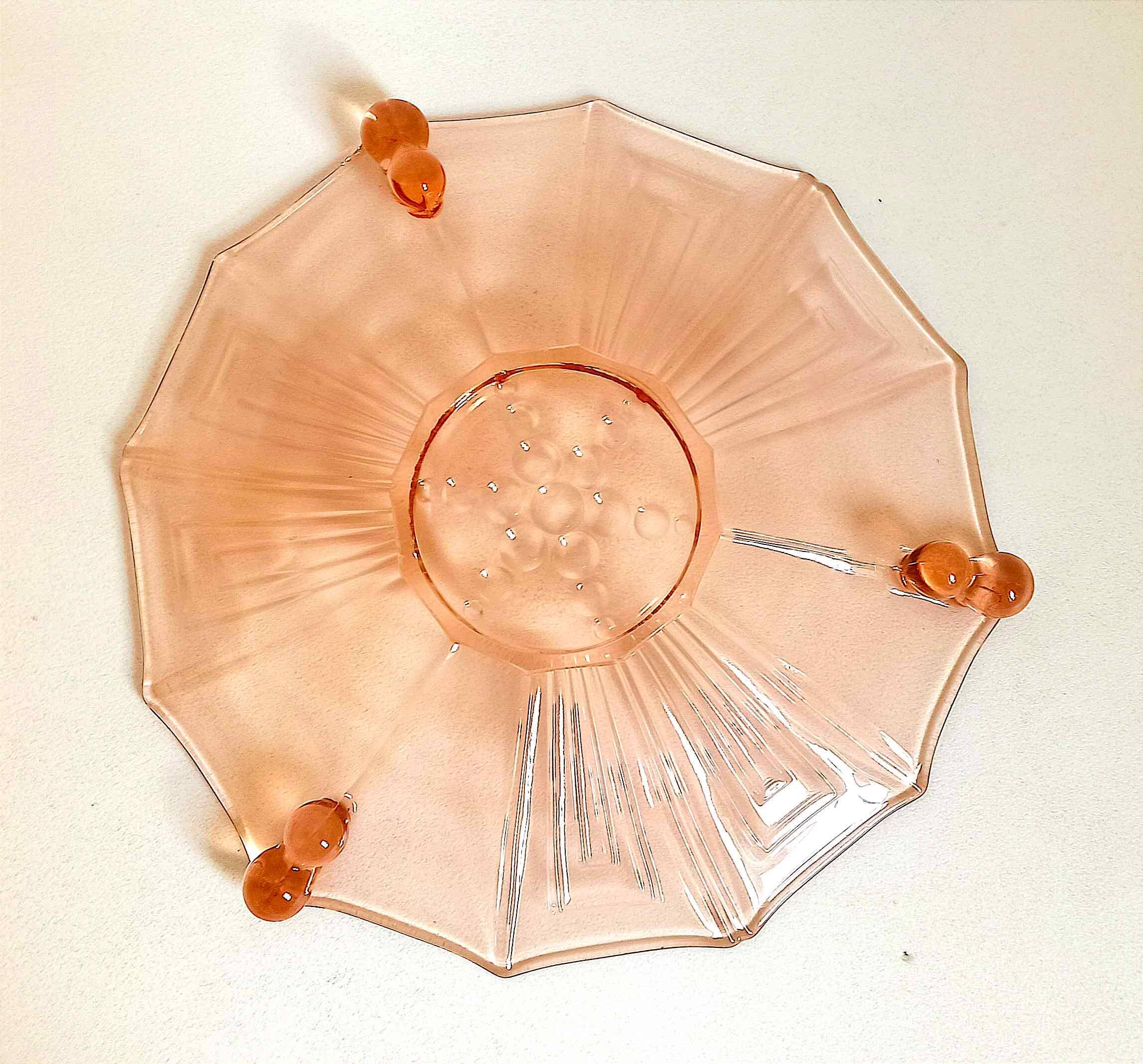 Art Deco pressed molded pink glass fruit bowl Diameter 30 cm.