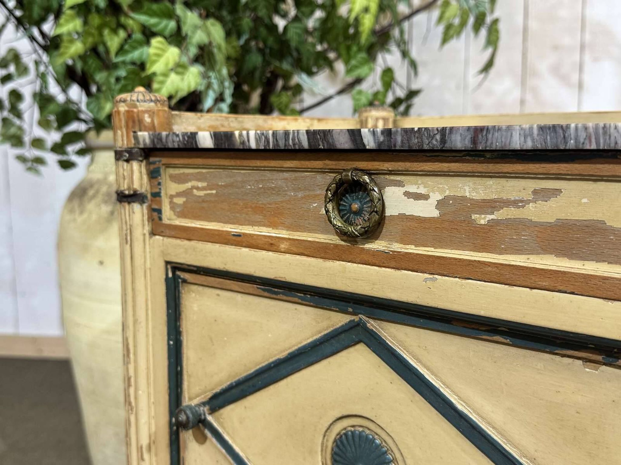 Beech bedside table painted with a marble top in Louis XVI style from the late 19th century.