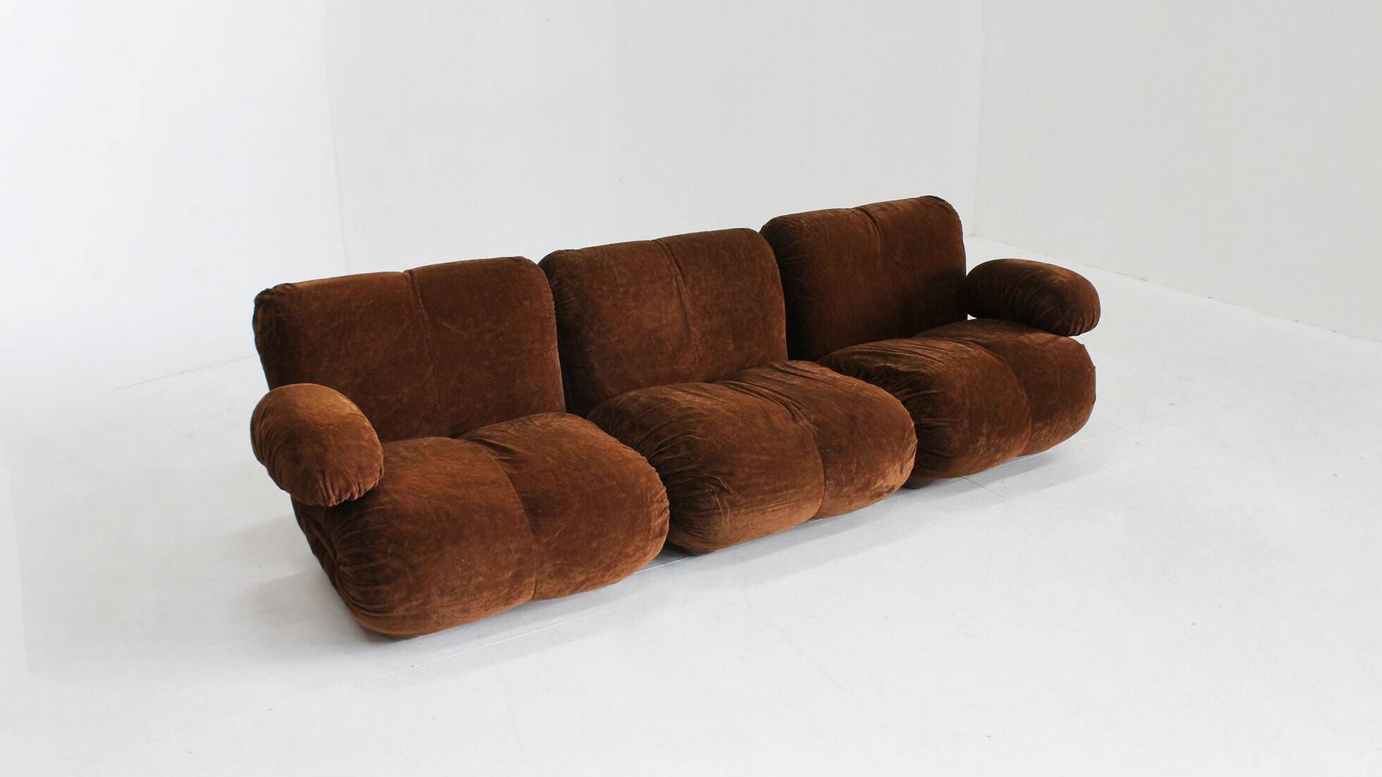 Vintage modular sofa brown velvet and chrome Italy 1970s