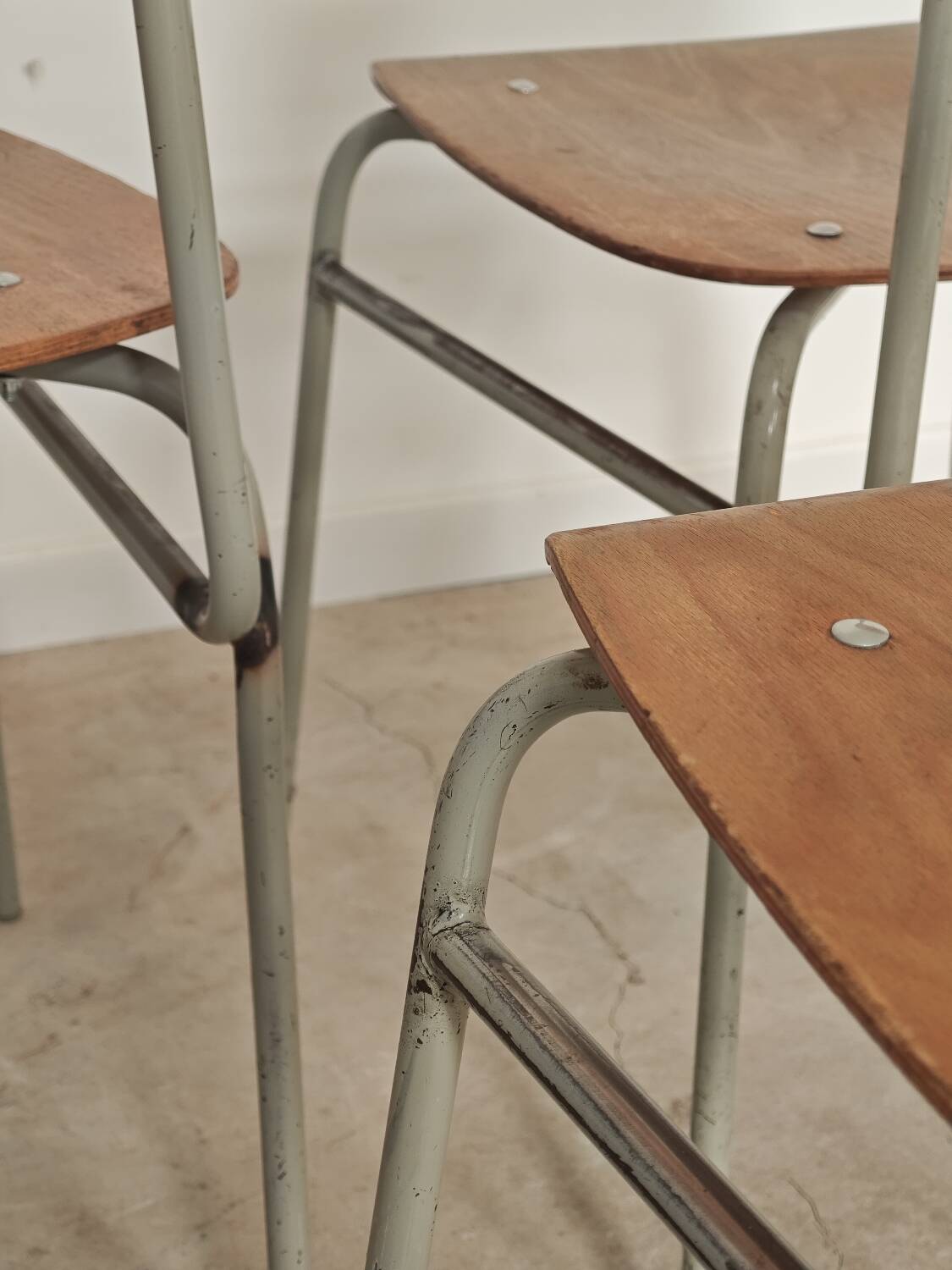 Set of 4 metal and wood school chairs, former Czechoslovakia, 1960.