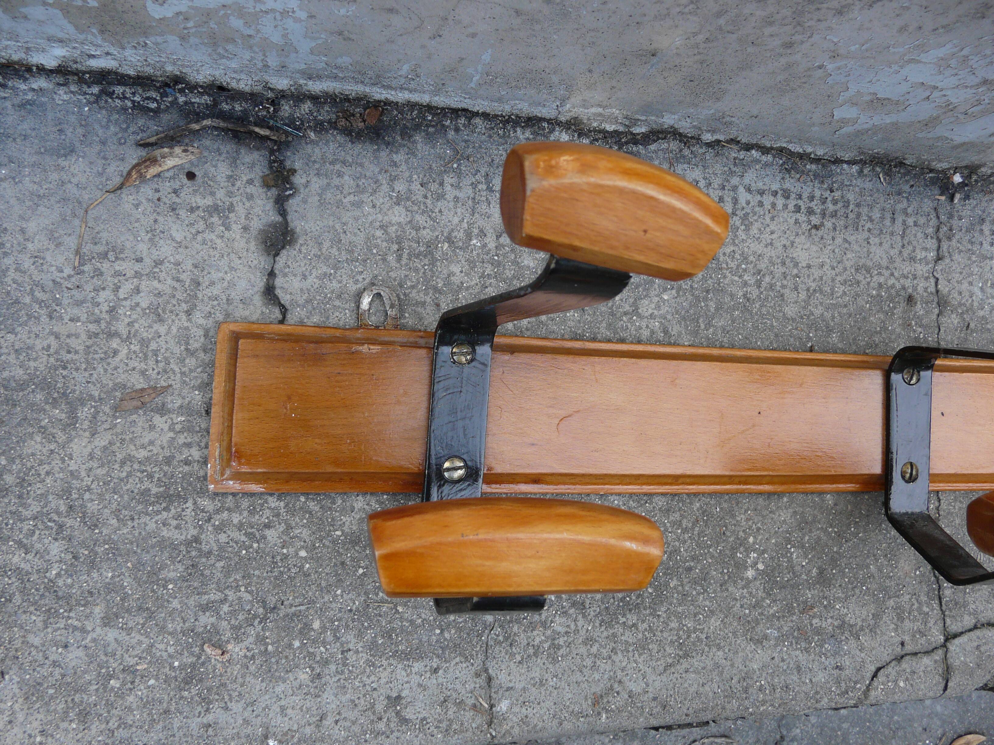 Scandinavian wall coat rack in wood and metal 8 hooks 60s 70s
