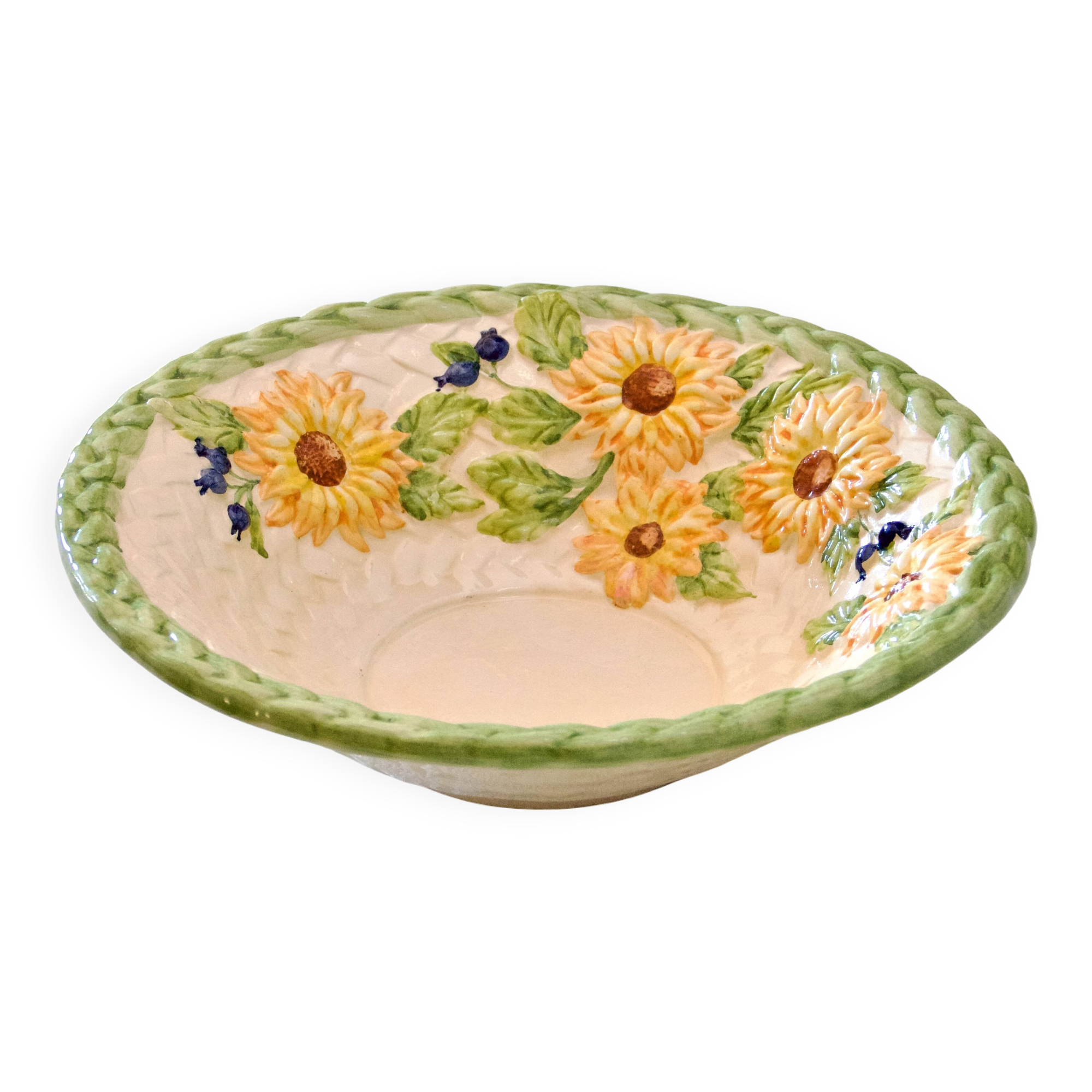 Large salad bowl / fruit bowl in hand-painted sunflower slip
