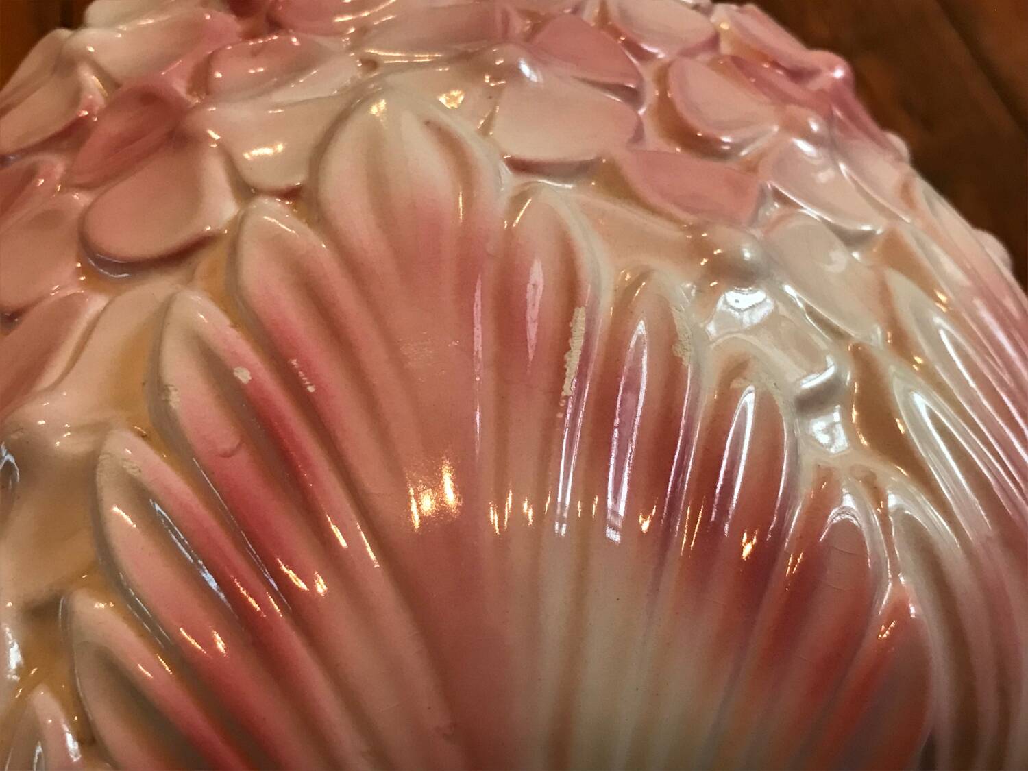 Old vintage pink and white hydrangea-shaped CLF cache pot